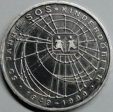 10 DM 1999 J SILBER-925‰ - 50 Jahre SOS-Kinderdörfer  st/unc mit Kapsel