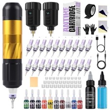 Tattoo Maschine Set kabellos 2 Akkus LED Anzeige 20 Nadeln 11 Farben Profi An...