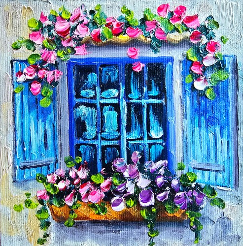 Blaues fenster blumen - blaues, Ölbild