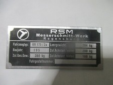 Typenschild ID RSM KR 175/2a Fend Kabinenroller Karo Messerschmitt Schild s62