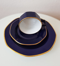 KAHLA Gedeck 3- teilig: Kaffeetasse Untertasse Kuchenteller, BLAU, mit Goldrand