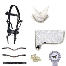 Turnier Hobby Horse Glitzer Haube+ Decke+Trensen Set Schleife  Zuw. Mähnengummi