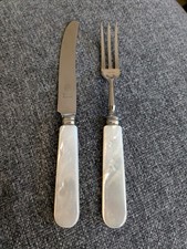 Vintage Dessertbesteck Solingen, Perlmuttgriff, TPH, ca. 15 cm, Messer & Gabel