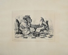 Weber, Löwe und Fuchs beim Schach. 26.1.75. [Signierte Original-Lithografie].