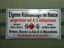 Emailschild, Eigene Kühlanlage im Haus Brown, Boveri u. Cie A-G Mannheim