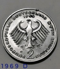 2 DM Münze von 1969, Mzz. D *Bundesrepublik Deutschland, Konrad Adenauer* EG: ss