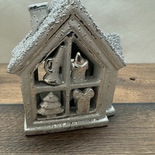 Teelichthaus Keramik Silber Glitzer Winter Deko House