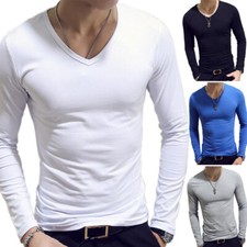 Herren Mode V-Ausschnitt Tops Langarm Bluse Pullover T-Shirt Casual Slim Fit Gr