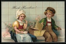 Zwei Kinder mit einem Picknick-Korb, Hoch Karoline, Ansichtskarte 