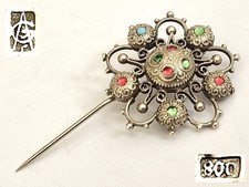 Antike Brosche Meisterzeichen farbige Glas- Steine 800er Silber Z90