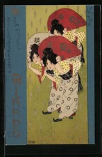 Künstler-AK Raphael Kirchner: Mikado, Geishas in Kimonos mit Säcken auf dem Rüc 