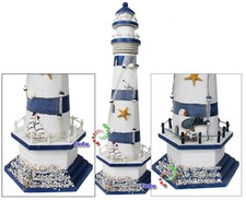 Deko-Leuchtturm Holz Fischernetz Seestern Seevögel Stein Segeln Maritime H:57cm