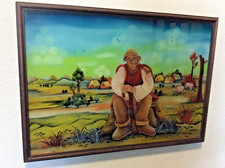 Naive Hinterglasmalerei „Livadic MKT. 1984“ – bäuerliche farbenfrohe Dorfszene