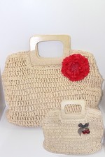 retro rockabilly Blüten Bastkorb Bast Shopper Cherry Schleifche Handtasche