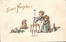 (69367) Neujahr - knallende Sektflasche, Hund, Wecker 1912