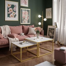 2in1 Couchtisch YOSHI GLASS 70x45x70, 60x39x60 Glasplatte Gold Matt NEU *