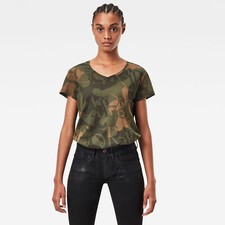 G-Star Damen Top Kurzarm Tee All Over Camo Print V-neck T-Shirt Wild Olive Grün