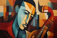 Wandbild: Eine kubistische Musik: Abstrakter Jazzmusiker, der Saxophon [...]