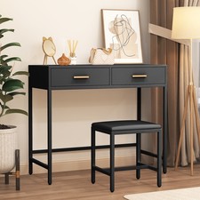 Schwarz + Goldene Griffe MDF Schminktisch Frisiertisch mit Hocker & 2 Schubladen