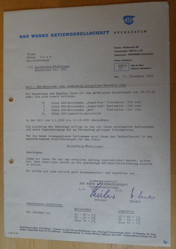 Nsu schreiben brief 1956 - nsu,