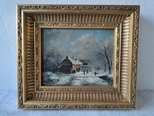 Ölgemälde Winterlandschaft Wassermühle Hof sign. Breuer Barockrahmen Holzplatte 