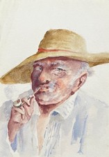 Aquarell, Porträt eines Mannes mit Hut, der eine Pfeife raucht, Anfang des...