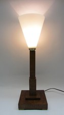 Art Déco Säulenlampe Tischlampe Wurzelholz furniert satiniertes Glas weiß