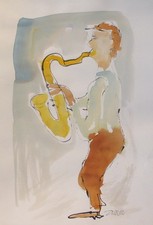 Saxophon Jazz Musik 50x35 orig. sign ZM Zeichnung Aquarell Tusche Papier Bild