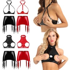 DE- Damen Wetlook Leder Lack Rock Strapsgürtel Strapse Dessous Strumpfhalter Set