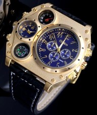 XL Herren Männer Dual Timer Uhr Herrenuhr Blau Gold Farben Kompass & Thermometer