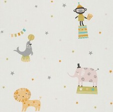Rasch Tapete Bambino 245011 Zirkustiere Affe Elefant weiß grün gelb