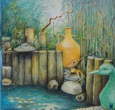 H.W oder W.H. Monogramm Buntstiftzeichnung:  GARTEN-ANSICHT MIT HOLZ- PALISADEN