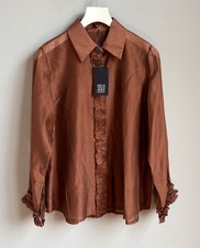 Hemdbluse Bluse Damen Gr. S M L XL 36 38 40 42 Braun Organza Glanz Rüschen