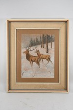 C25V41- Pastell Gemälde Hirsch und Reh in Winterlandschaft