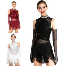 Damen Glitzer Sequins Tassel Moderne Tap Dance Kostüm Handschuhen Tanzkleidung