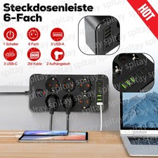 Steckdosenleiste 6-Fach mit USB Mehrfachsteckdose mit Flachstecker und Schalter
