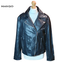 MNG Damen 100 % Lamm Leder Jacke UK Größe L-XL schwarz Biker Style Reißverschluss Säume