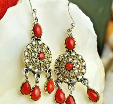 Ohrhänger Lang 5 cm Koralle Rot 925er Silber Mondstein Verspielt Vintage Messing