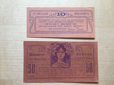 RAFFINGS: 10 und 50 Heller, Papier orange, Druck graublau und violett