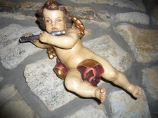 GROSSE ENGELSPUTTE ENGEL HOLZENGEL PUTTE MIT QUERFLÖTE GEFASST GOLD 1A ZUSTAND