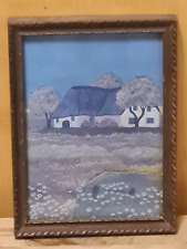 Kleines Bild in altem Holzrahmen, Haus mit Wiese 14 cm x 19,7