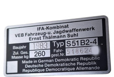 Typenschild Simson S51 alle Typen geätzt IFA VEB, Zahlen  original gestanzt