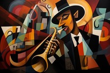 Wandbild: Eine kubistische Musik: Abstrakter Jazzmusiker, der Saxophon [...]