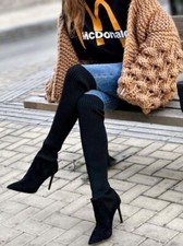 Zara Stiefel Boots 36 Strick Sockenstiefel Stoff schwarz velour overknee