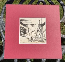 Montierter Linolschnitt Druck Bild Stier Hörner Bison Schädel Kaktus Sonnenuntergang Wüste Canyon