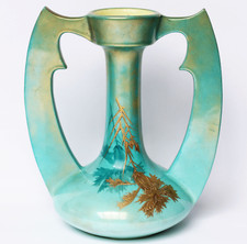 Jugendstil Keramik Vase Henkelvase Clement Massier Golfe Juan türkis-gold Blumen