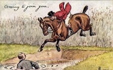 Künstler Ak Springreiten, Hindernis, Mann im Wasser - 11264379