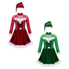 DE Kinder Mädchen Weihnachten Wichtel Kostüm Pailletten Glitzer kleid Langarm