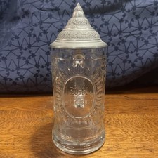 Bierkrug sehr selten, Antik, Glas mit Zinndeckel, Krone, Inschrift Wohl bekomm´s