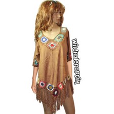 Vintage Hippie Goa Fransen Crochet Wildlederoptik Häkel Tunika Kleid Gr.40 42 M